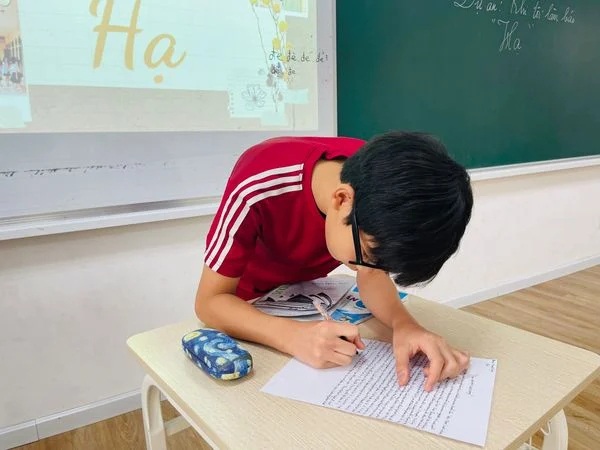 Học sinh tập trung hoàn thành dự án ngữ văn cuối năm.