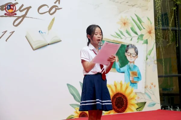 TRI ÂN NGƯỜI DẪN LỐI - CHẮP CÁNH VẠN ƯỚC MƠ (Em Hoàng Minh Châu (lớp 6V1) thay mặt học sinh toàn trường phát biểu lời tri ân thầy cô)