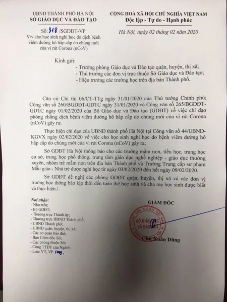THÔNG BÁO CHO HỌC SINH NGHỈ HỌC DO DỊCH VIÊM PHỔI CẤP CORONA