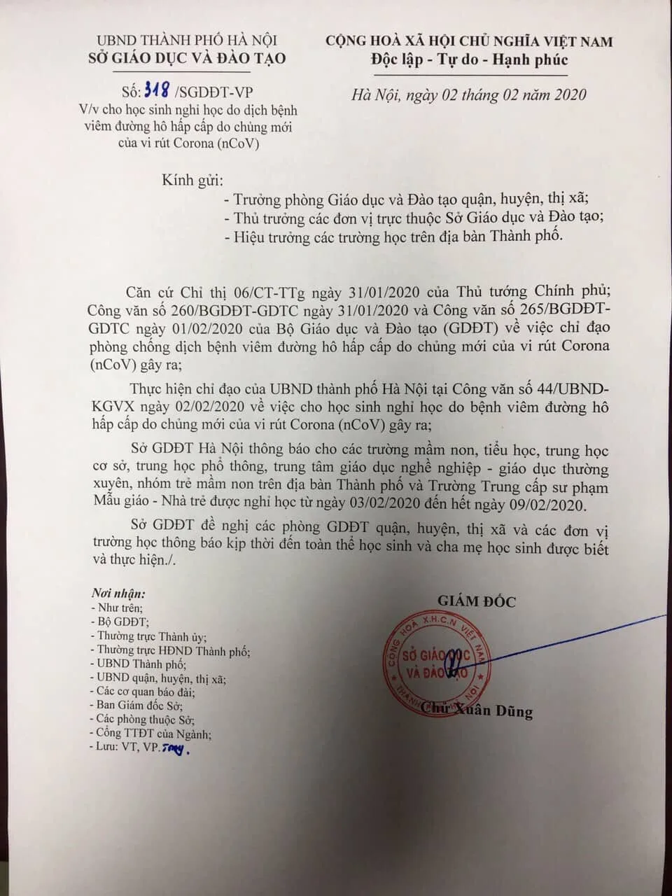 THÔNG BÁO CHO HỌC SINH NGHỈ HỌC DO DỊCH VIÊM PHỔI CẤP CORONA