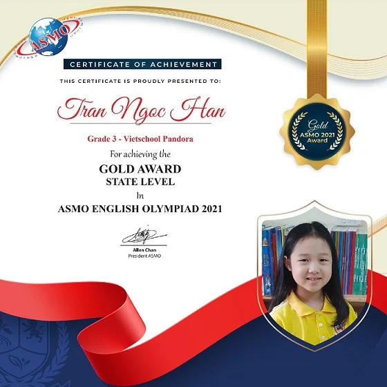 Trần Ngọc Hân (Lớp 3V1M) - Gold Adward State Level - Cuộc thi ASMO English Olympiad 2021