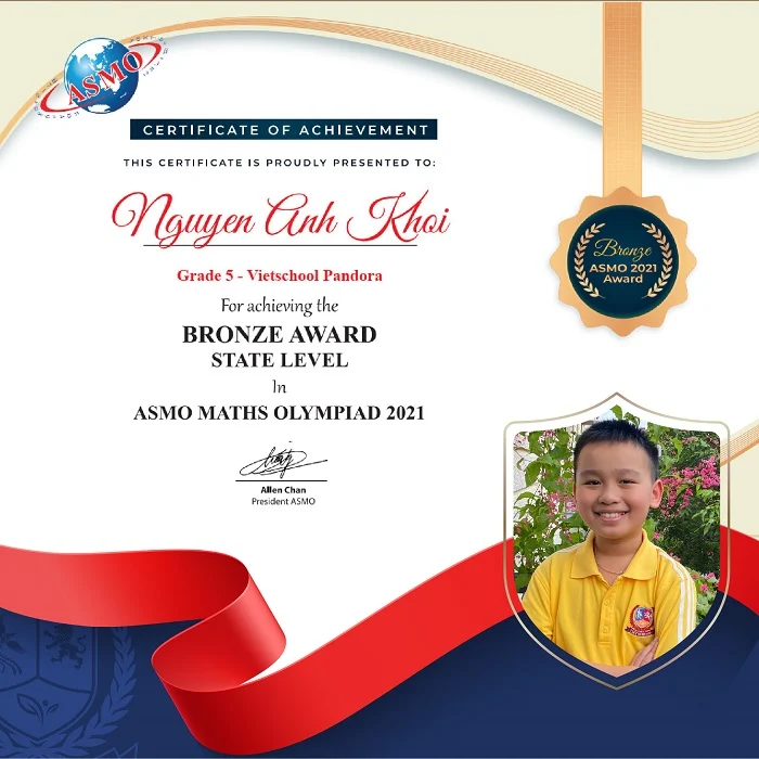 Nguyễn Anh Khôi (Lớp 5V1) - Bronze Award State Level - Cuộc thi ASMO Maths Olympiad 2021
