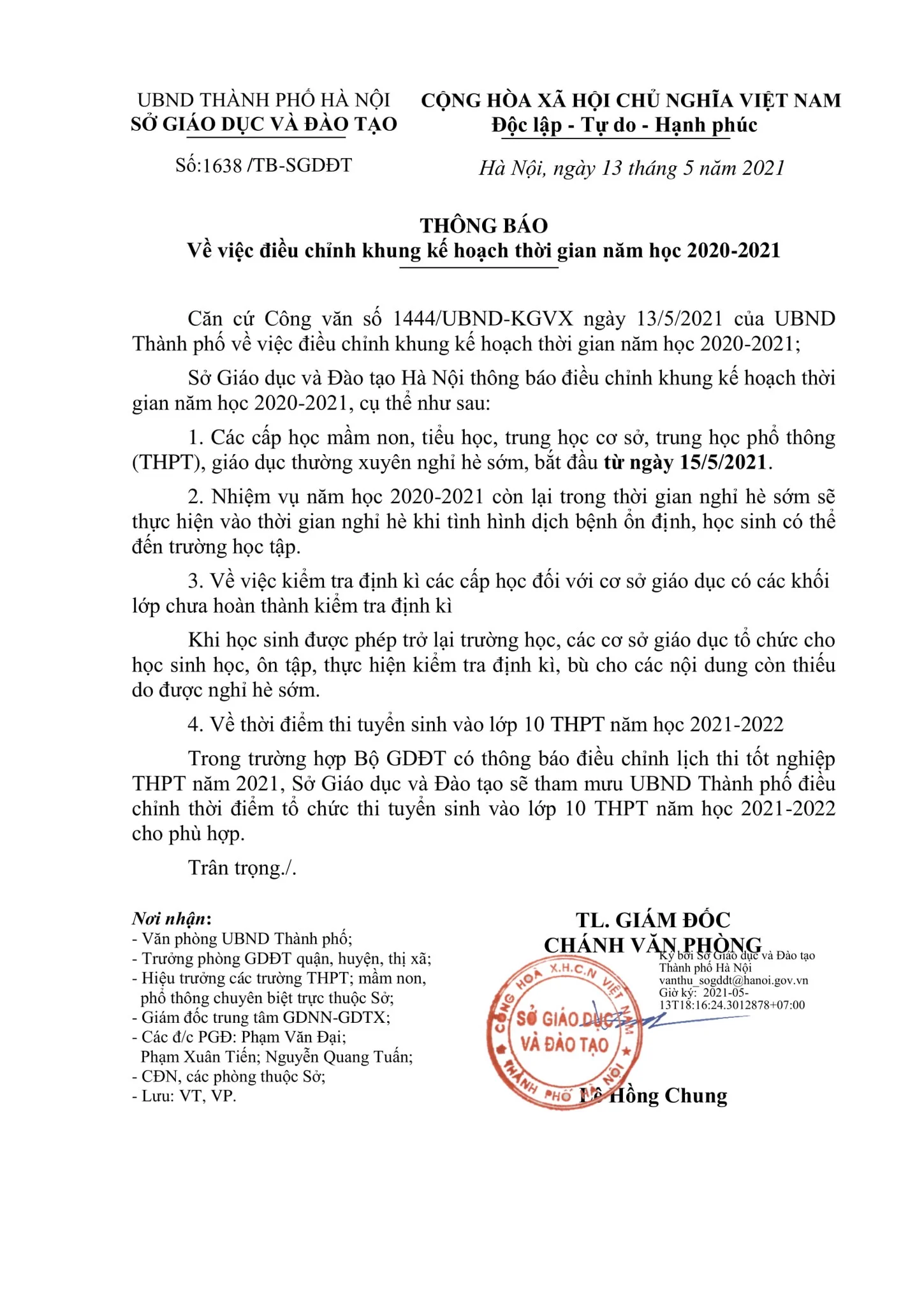 THÔNG BÁO VỀ VIỆC ĐIỀU CHỈNH KHUNG KẾ HOẠCH THỜI GIAN NĂM HỌC 2020 - 2021