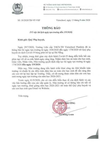 Thông báo về việc lùi ngày tựu trường đến ngày 03/09/2020