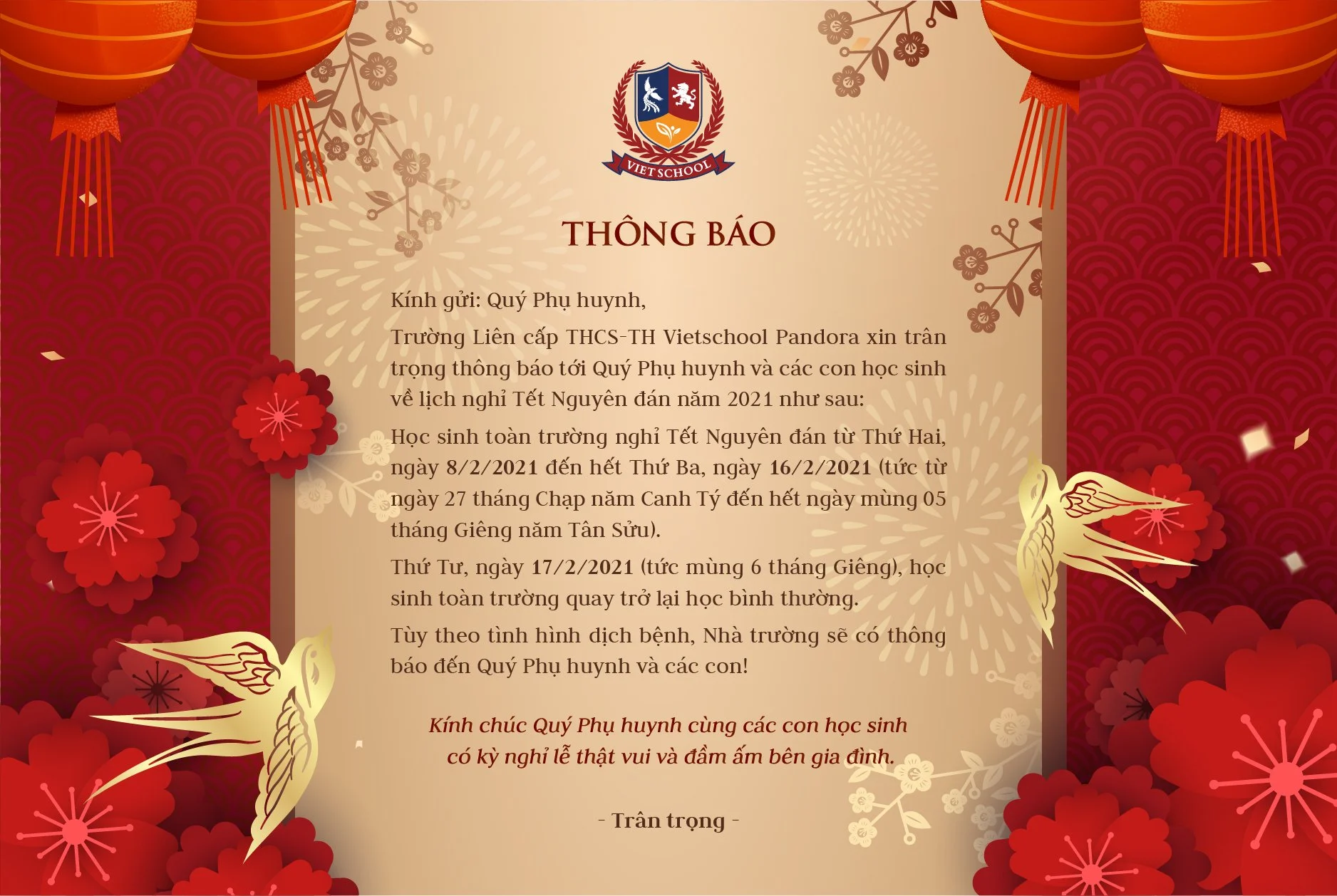 Thông báo nghỉ Tết Nguyên đán Tân Sửu 2021