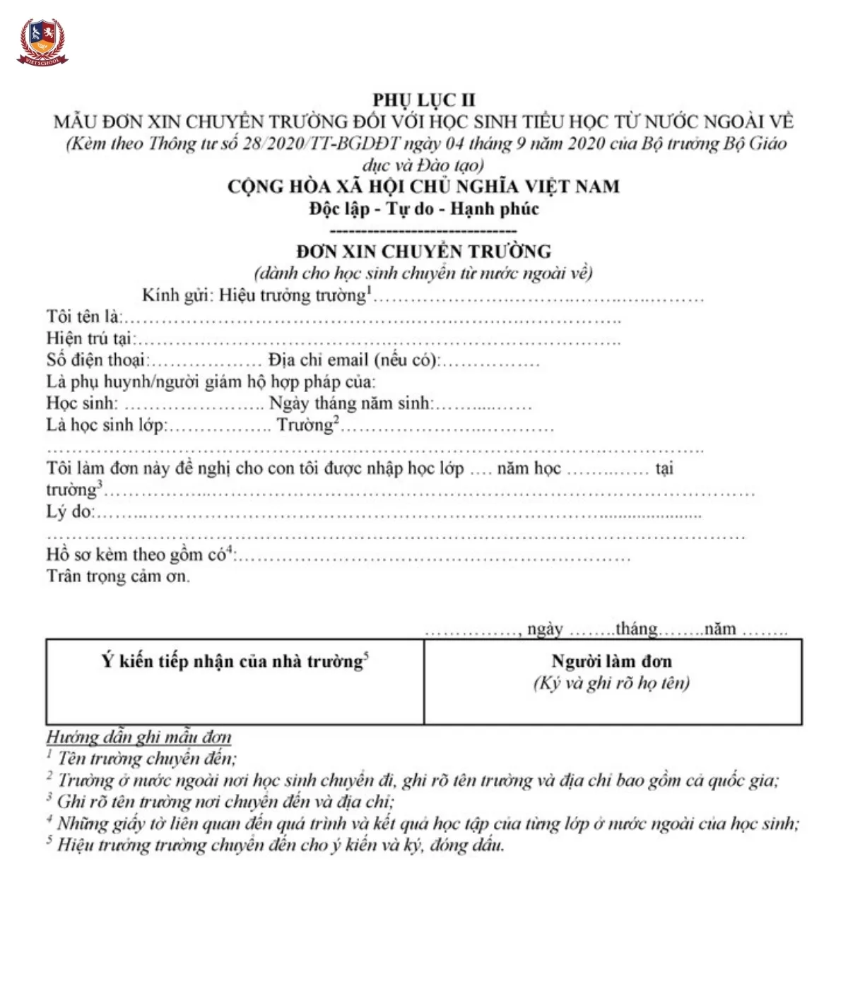 Mẫu đơn xin chuyển trường tiểu học cho học sinh từ nước ngoài về